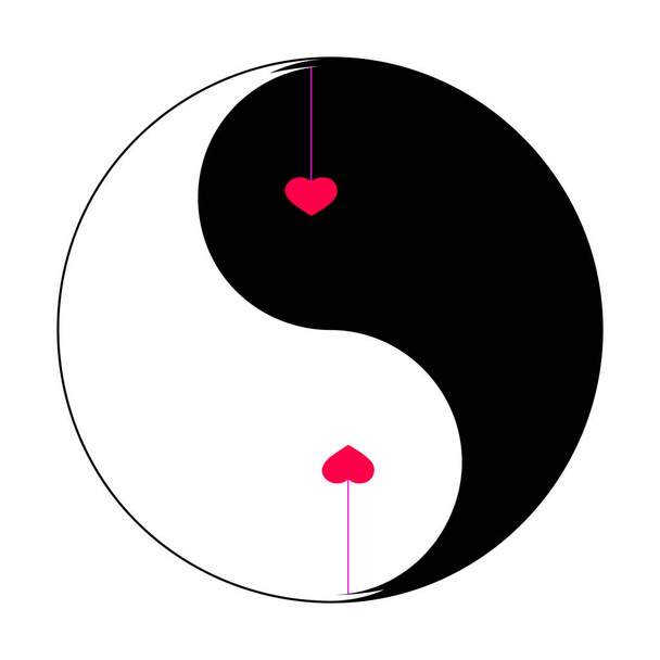 Két piros szív a yin yang szimbólumban. Gratulálok a Valentin-naphoz. És képeslapokra, szövetekre, törölközőkre, párnákra, papírra és más nyomtatási módokra való nyomtatáshoz is. Vektorillusztráció.  - Vektor, kép