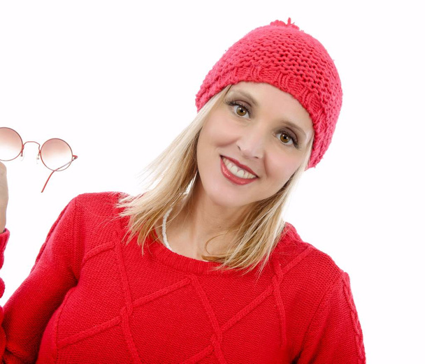 fashion blonde woman with red  sweater - Photo, Image