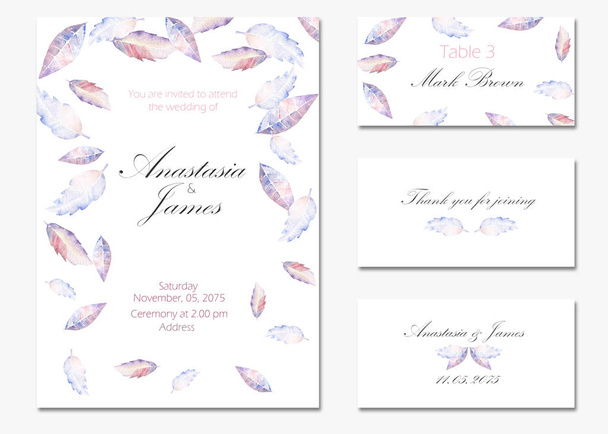 Szablon karty z akwarela liści fioletowy i niebieski - Zdjęcie, obraz