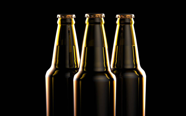 Bottles of beer on a black background. 3d illustration. - Foto, afbeelding