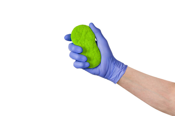 Hand cleaning window or glass with sponge on white background - Fotó, kép