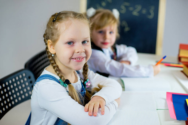 portrait of two young schoolgirls sitting at the table - Photo, Image