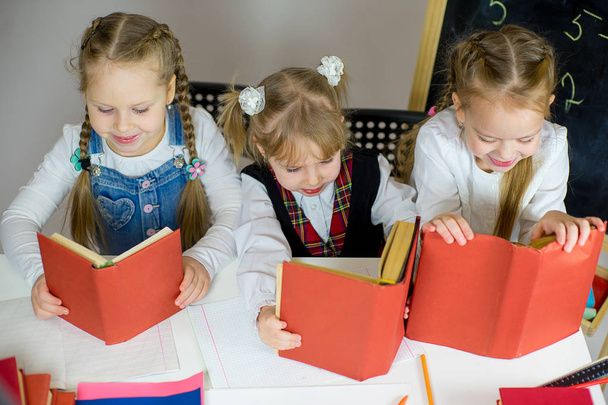 three young schoolgirls with red textbooks - Fotografie, Obrázek