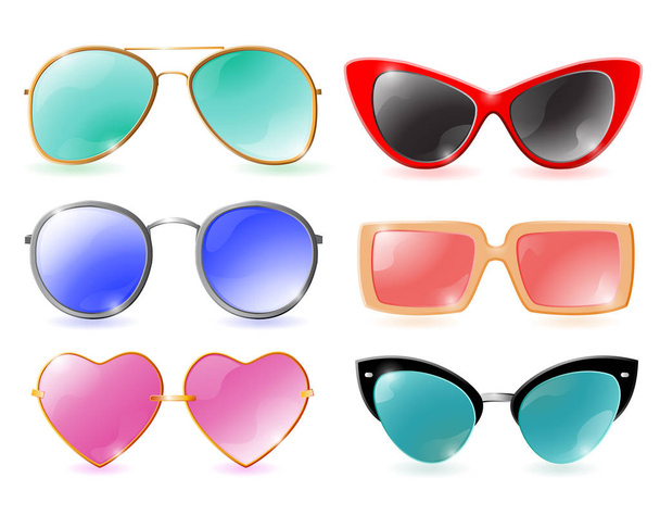 Набор красочных реалистичных солнцезащитных очков на белом фоне
 - Вектор,изображение