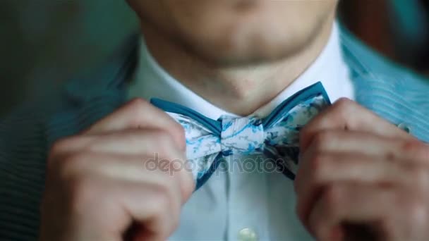 Wearing bow tie close up. Male hands check correct and adjust casual blue bow tie handmade from printed fabrics shallow depth of field. Elegant accessories male fashion macho dandy gentleman concept - Footage, Video
