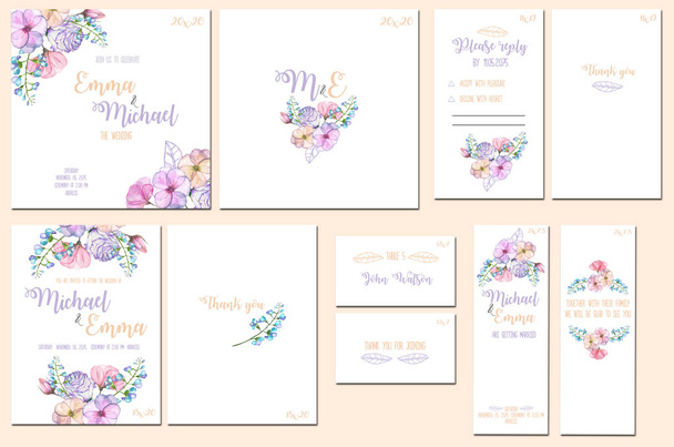 Template cards set with watercolor pink and purple flowers - Photo, Image