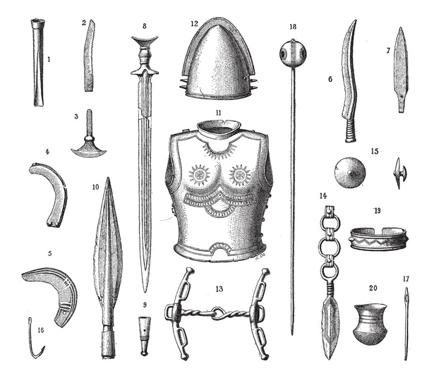 Armadura y armas francesas durante la Edad del Bronce Joven, vendimia
 - Vector, imagen