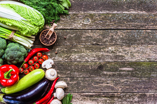 Vegetables on wood. Bio Healthy food, herbs and spices. - Fotoğraf, Görsel