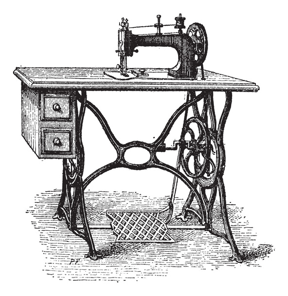 voet-aangedreven naaien machine, vintage gravure - Vector, afbeelding