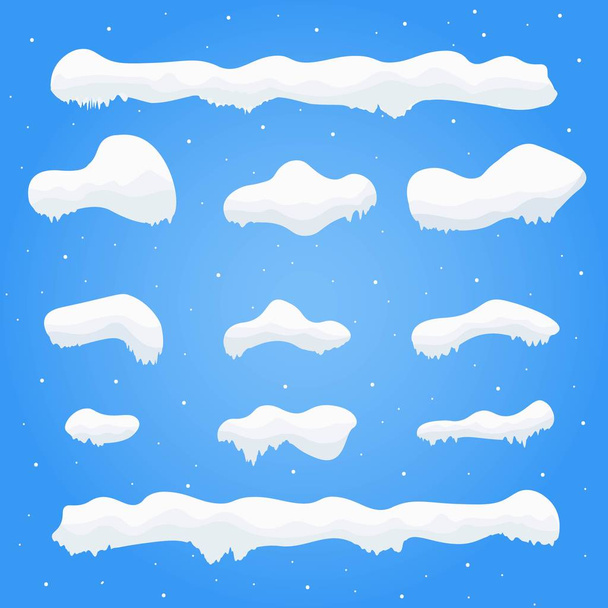 Schneekappen, Schneebälle und Schneewehen setzen ein. Winterdekoration. schneebedeckte Elemente auf blauem Hintergrund. Zeichentrickvorlage. Schneefall und Schneeflocken in Bewegung. Vektorillustration. - Vektor, Bild