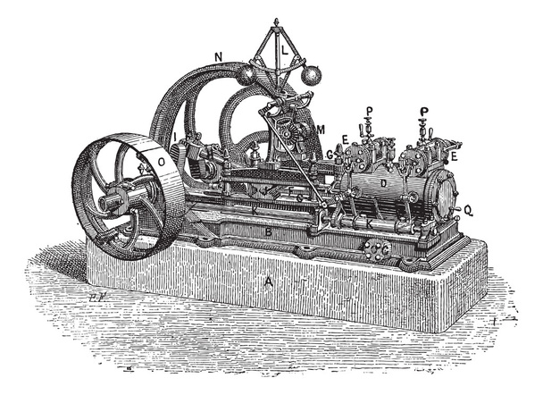 水平蒸気エンジン、ヴィンテージの彫刻 - ベクター画像