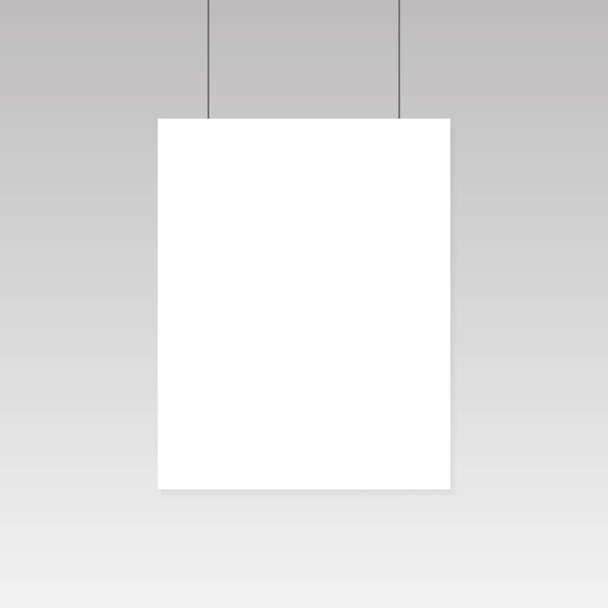 Realistic blank white paper poster hanging on wall mockup. Template page of banner for exhibition. Vector illustration. - Vector, Image