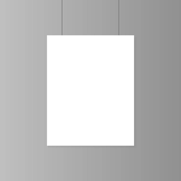 Realistic blank white paper poster hanging on wall mockup. Template page of banner for exhibition. Vector illustration. - Vector, Image