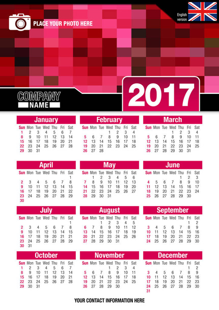 Nuttige wandkalender 2017 met ontwerp van rode kleuren mozaïek. Formaat A4 verticaal. Afmeting: 210 mm x 297 mm. Engelse versie  - Vector, afbeelding
