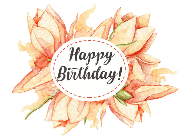 happy birthday card With Watercolor leaves and flowers. Floral Invitation - Fotoğraf, Görsel