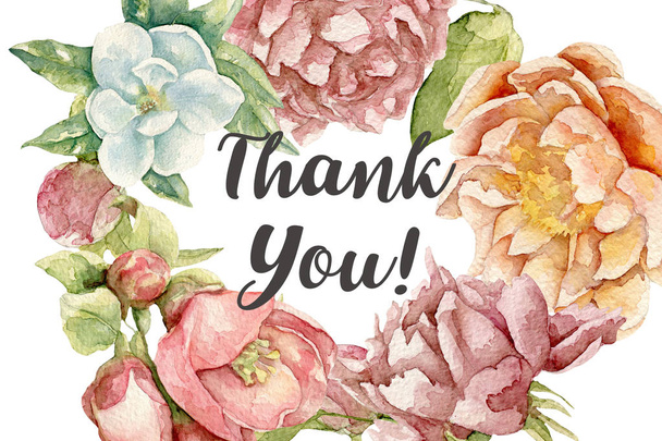 thank you card with watercolor flowers - Photo, Image