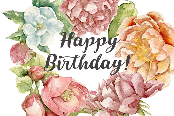 happy birthday card with watercolor flowers - Foto, Imagem