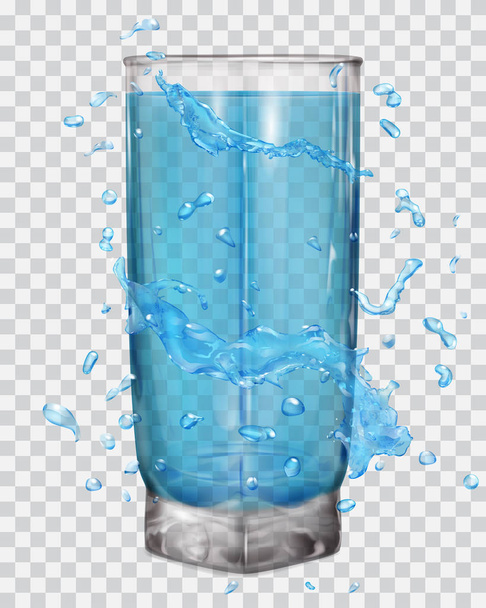 Salpicaduras de agua en colores azules claros alrededor de un vaso transparente con agua
 - Vector, Imagen