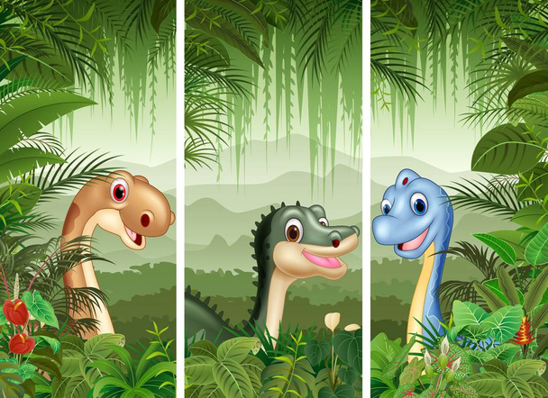 Conjunto de dinossauros com fundo de floresta tropical
 - Vetor, Imagem