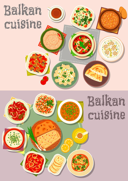 Balkan cuisine dinner dishes with pies icon set - Vector, Image