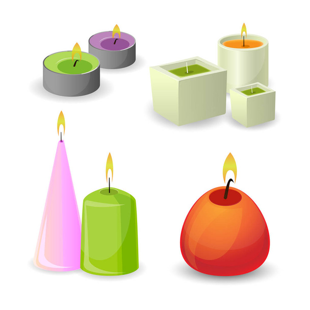 Συλλογή από διαφορετικό άρωμα κεριά για να χαλαρώσετε. Μικρή χαλάρωση φλόγα - Διάνυσμα, εικόνα