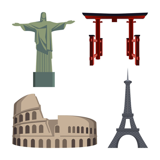 Christ Statue, Coliseum, Eiffel Tower, Portal or Tori gate - Vector, Image