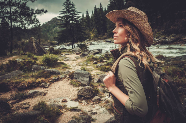 Gyönyörű nő természetjáró élvezi a csodálatos tájak  - Fotó, kép