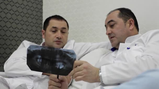 Two dentists have a discussion with x-ray prints - Video