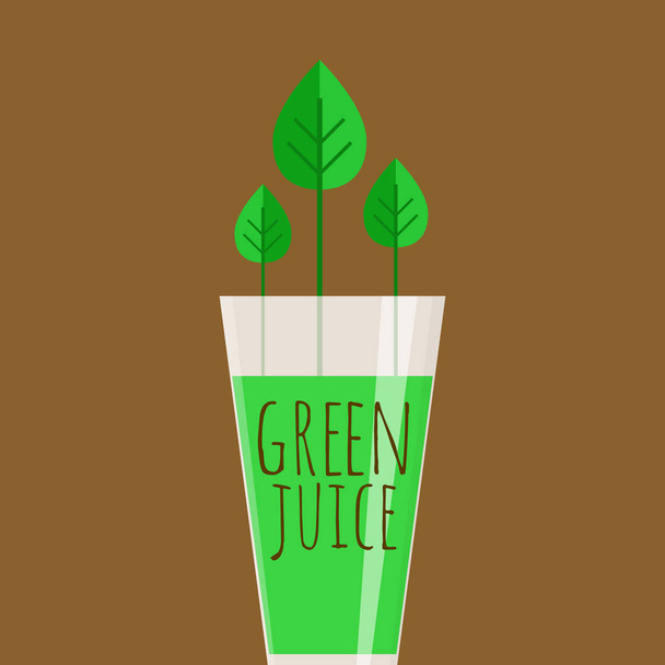 Glas mit grünem Saft, aus dem grüne Blätter wachsen. gesunder Saft auf braunem Hintergrund als gesundes Getränk. Wohlfühlvektorillustration. - Vektor, Bild