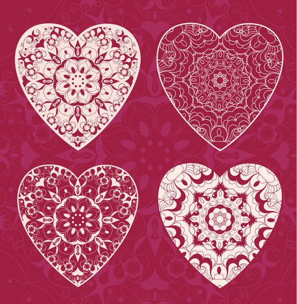 Decorative Valentine greeting card with floral ornate hearts. Vector illustration EPS 10. - Vektör, Görsel