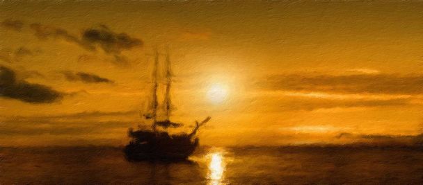 πλοίο σε φόντο ηλιοβασίλεμα. Ελαιογραφία. - Φωτογραφία, εικόνα