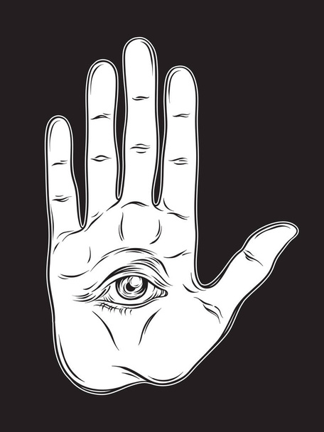 Spiritual hand with the allseeing eye on the palm. Occult design isolated vector illustration - Vector, Image
