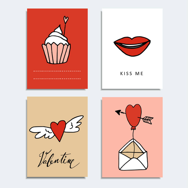 Set of cute hand drawn Valentines day cards. Love concept and doodle symbols, isolated vector objects. - Vector, Imagen