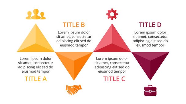 Vektor nyilak infographic, a diagram diagram, a háromszög grafikon bemutatása. Üzleti ütemterv fogalom-val 4 választások, alkatrészek, a lépéseket, folyamatokat. - Vektor, kép