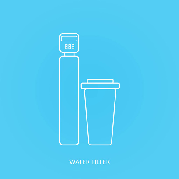 Ikona filtr wody z kranu... Napój i filtry do oczyszczania wody do domu. Wektor woda ikonę filtru. Filtr do zmiękczania wody i soli rozpuszczający zbiornik wektor ikona   - Wektor, obraz