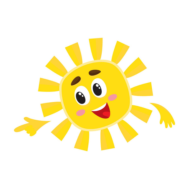 Lachende zon iets met de vinger te wijzen, vector illustratie - Vector, afbeelding