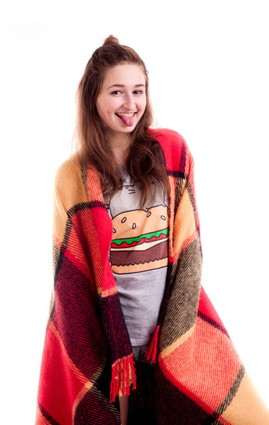 Funny girl with blanket  show tongue  - Photo, Image