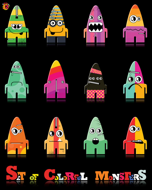 Set of twelve colorful monsters - Вектор,изображение