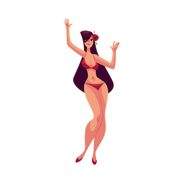 Young curvy woman with long black hair in bikini dancing - Vektor, kép