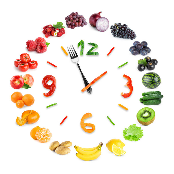 Food clock with of fruits and vegetables - Fotoğraf, Görsel