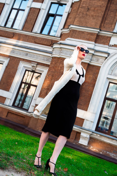 Happy Fashion blonde european elegant Woman with red lips and white skin Standing at the Old Red Brick building on green grass. Glamour Girl Outdoors. Beautiful Female in formal black and white dress  - Фото, изображение