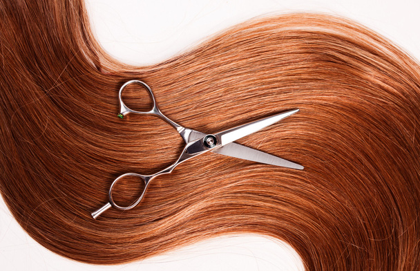 Healthy woman hair and scissors - Foto, Imagem
