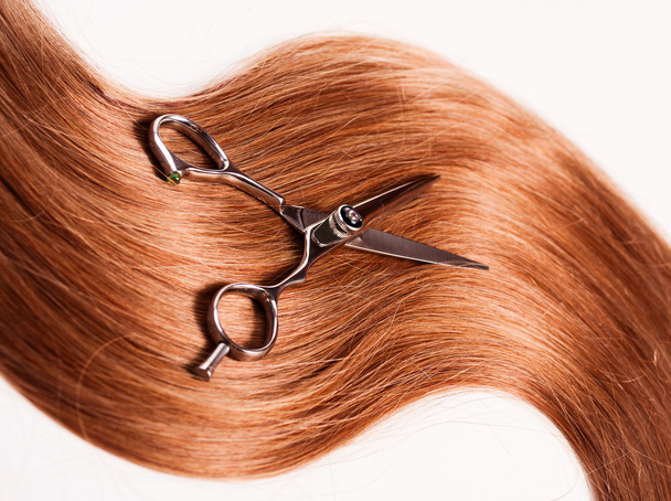 Healthy woman hair and scissors - Foto, Imagem