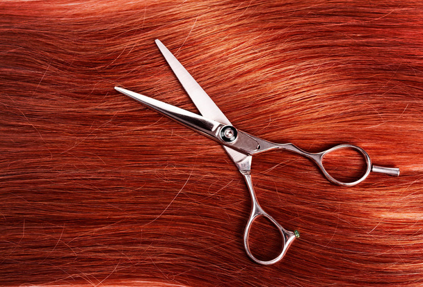 Straight healthy woman hair and scissors - Φωτογραφία, εικόνα