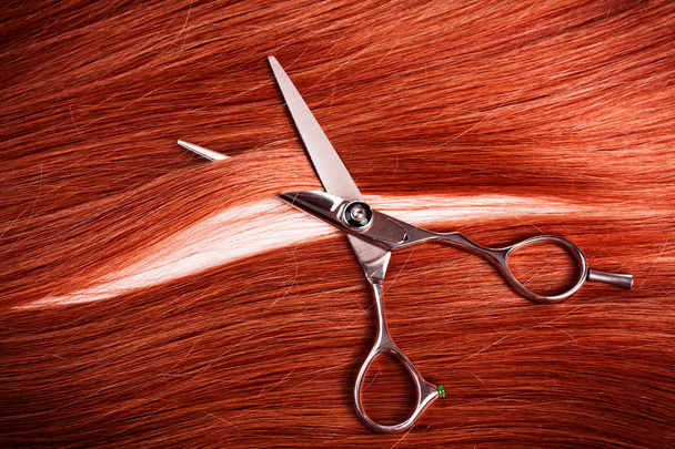 Straight healthy woman hair and scissors - Foto, imagen
