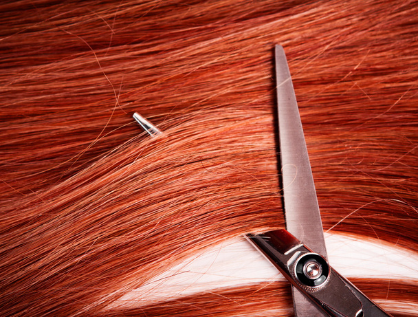 Straight healthy woman hair and scissors - Fotó, kép