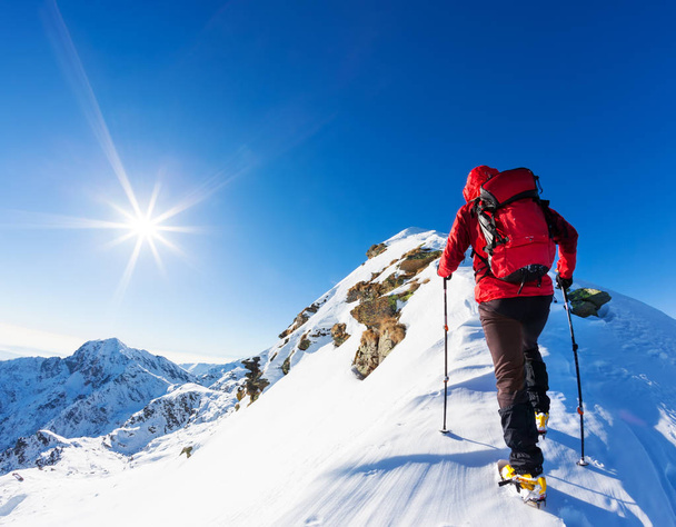 Экстремальные зимние виды спорта: альпинист на вершине снежной вершины в Альпах. Концепции: решимость, успех, храбрость
. - Фото, изображение