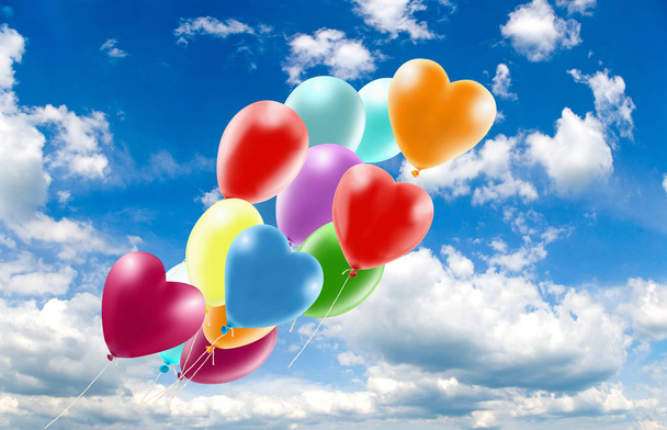 Image of beautiful colorful balloons on sky background. - Fotoğraf, Görsel
