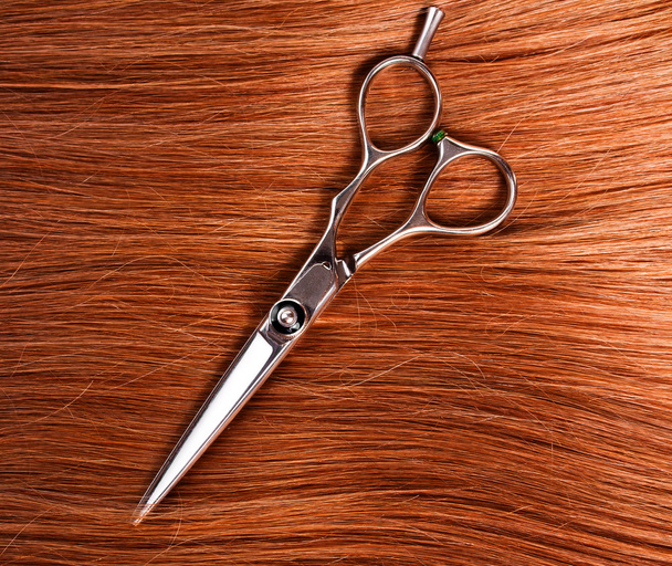 Straight healthy woman hair and scissors - Photo, Image