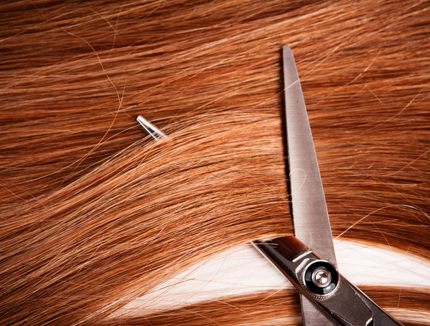 Straight healthy woman hair and scissors - Foto, Bild